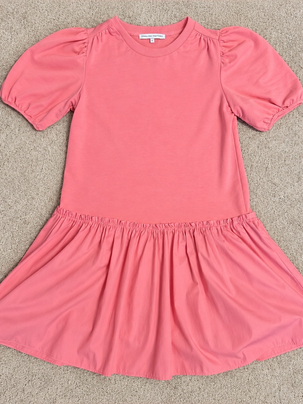 English Factory Pink Puff Sleeve Drop Waist Mini Dress Small